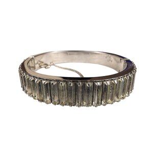 Vintage Silver Tone Womens Hinged Bracelet With Baguette-Cut Glass Accents